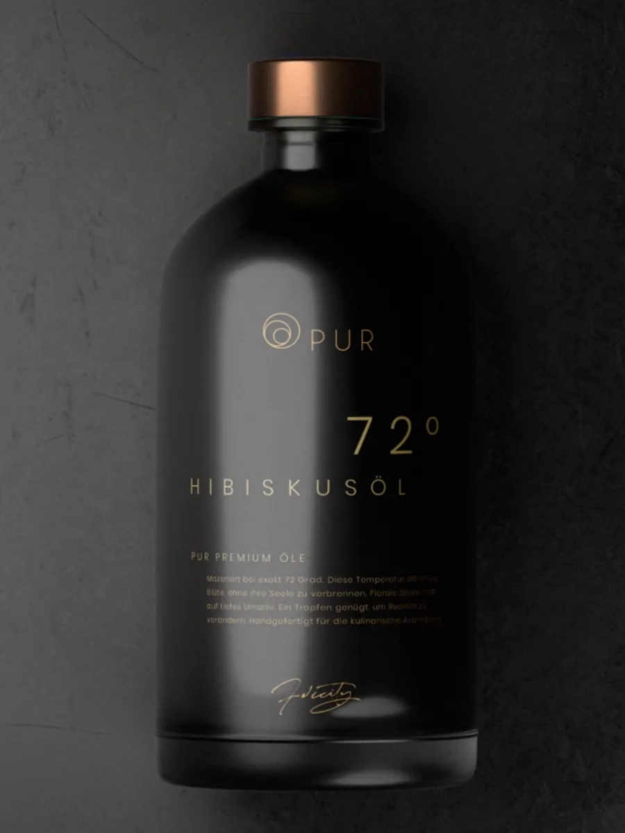 Schwarze Flasche mit PUR-Etikett, Hibiskusöl