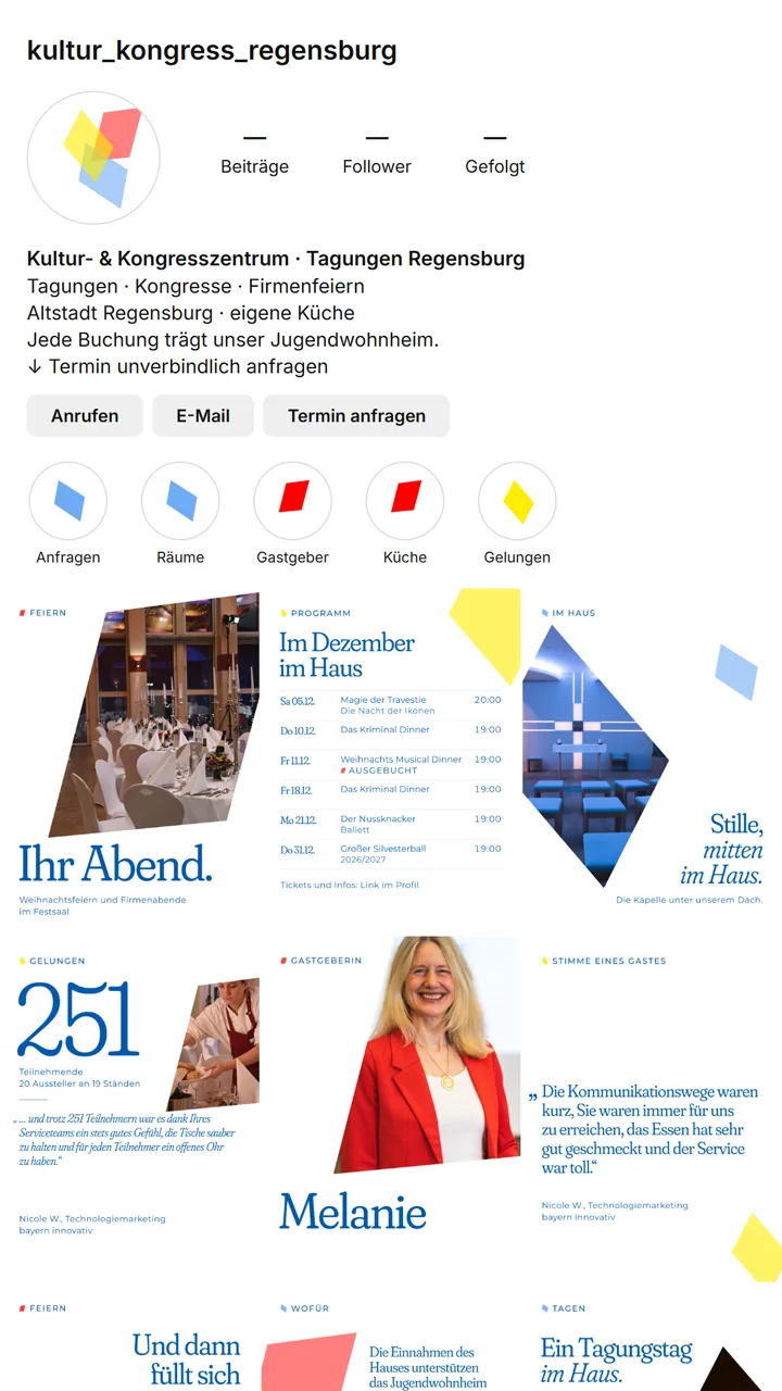 Instagram-Profil des Kultur- und Kongresszentrums Regensburg mit gestaltetem Raster