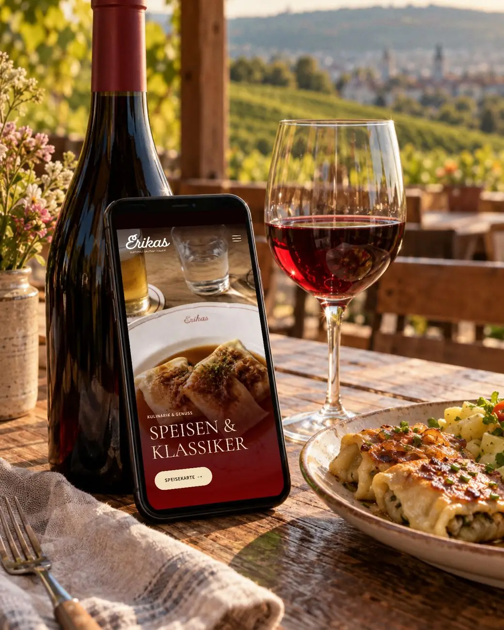 Smartphone mit der Website von Erikas auf einem Tisch mit Blick in die Weinberge