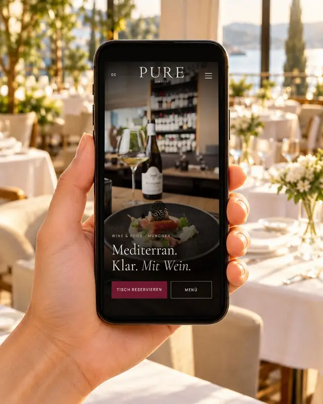Smartphone mit der Website von PURE wine & food im Gastraum